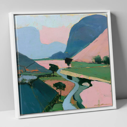 Blush Pink Morning Mist Valley lake district sky canvas wall art in white frame