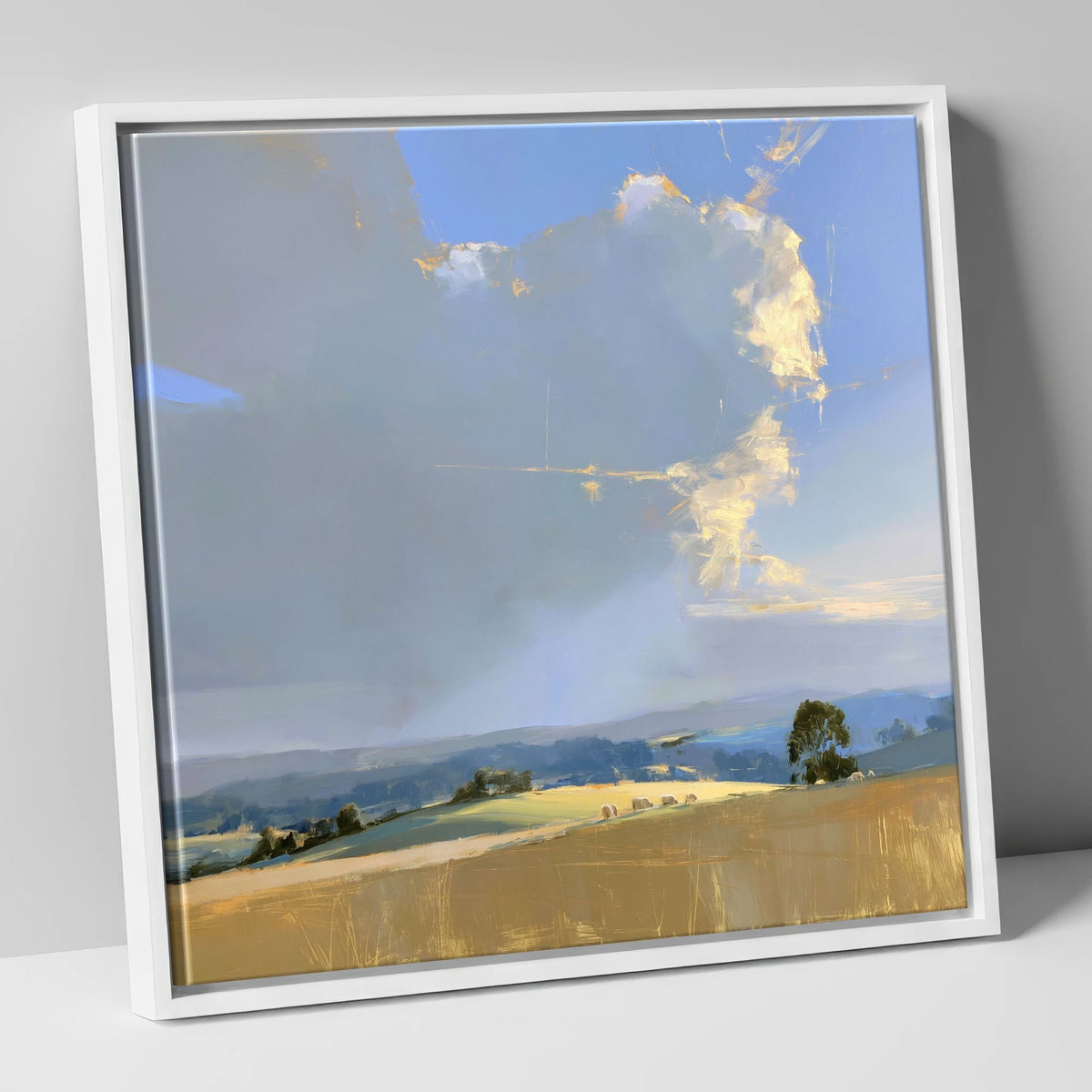 Sunlit Rolling Fells Under Cloud lake district fell canvas wall art in white frame