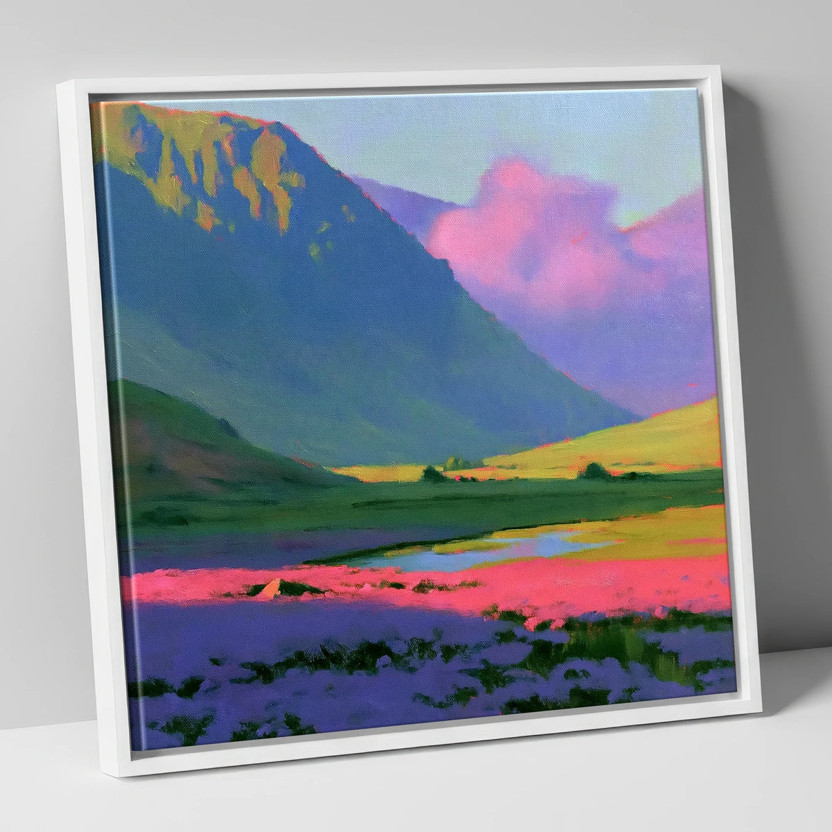 Dramatic Magenta Heather Fellside flowers & fellsides canvas wall art in white frame