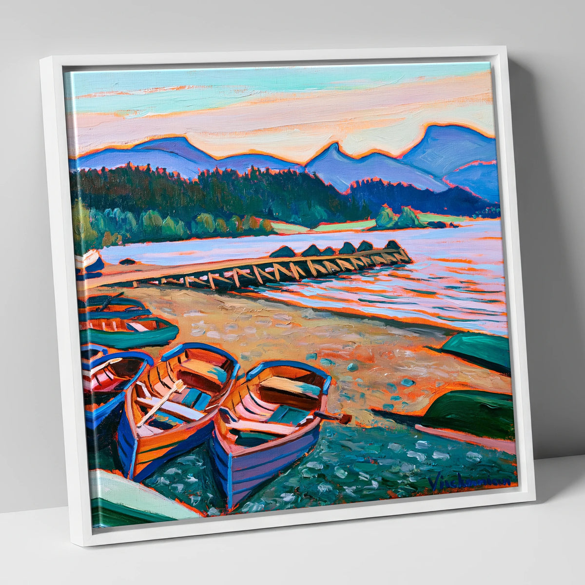 Colourful Windermere Rowing Boats lake district lake canvas wall art in white frame