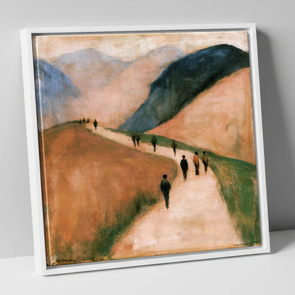 Walkers on an Earthy Mountain Path lake district walking canvas wall art in white frame