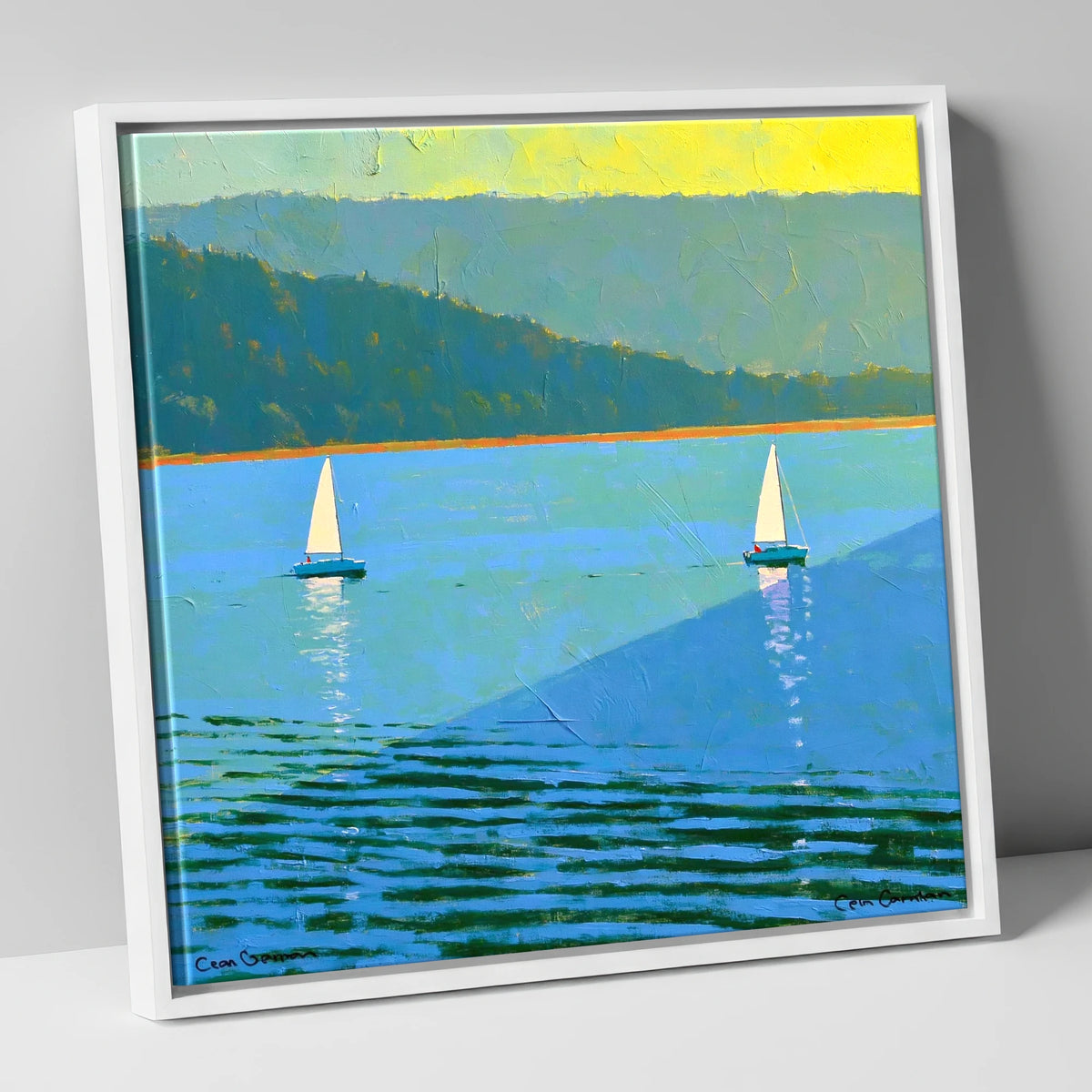 Windermere Sailboats in Bold Blue lake district lake canvas wall art in white frame