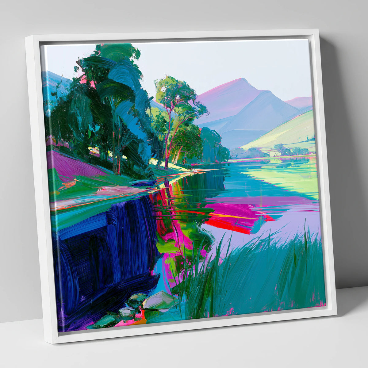 Still Lake at Vibrant Dawn lake district lake canvas wall art in white frame