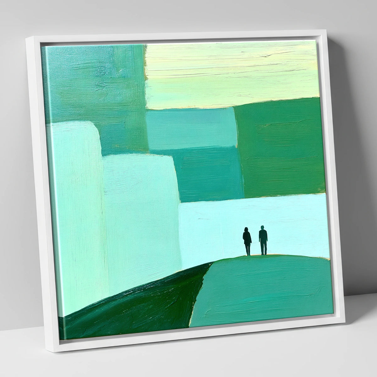 Abstract Green Fell Top Hikers lake district fell canvas wall art in white frame