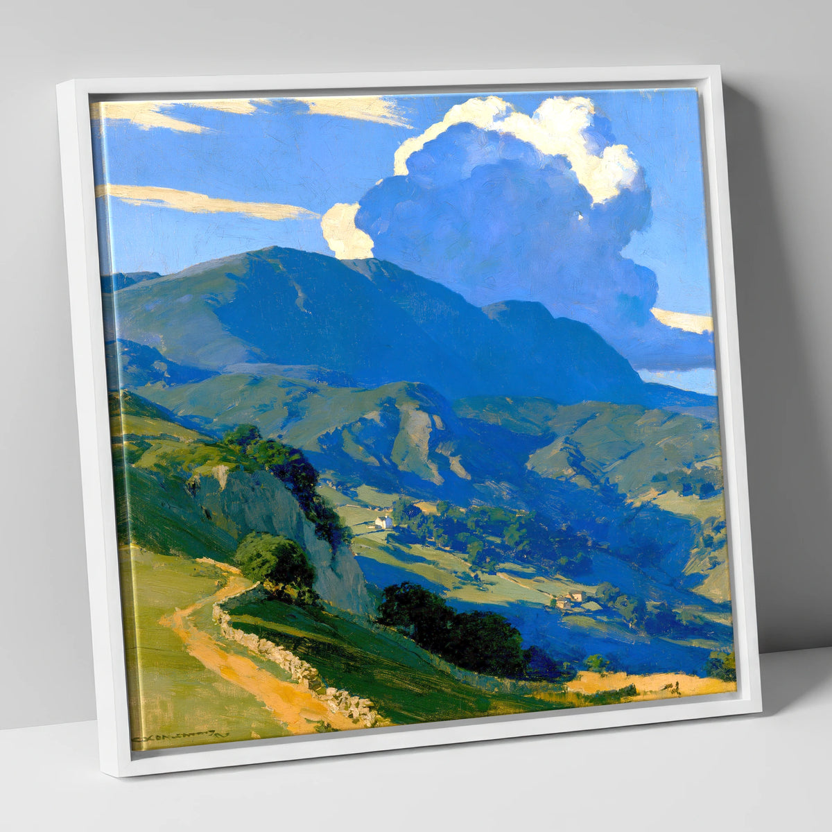 Rolling Fells Under Summer Clouds lake district fell canvas wall art in white frame
