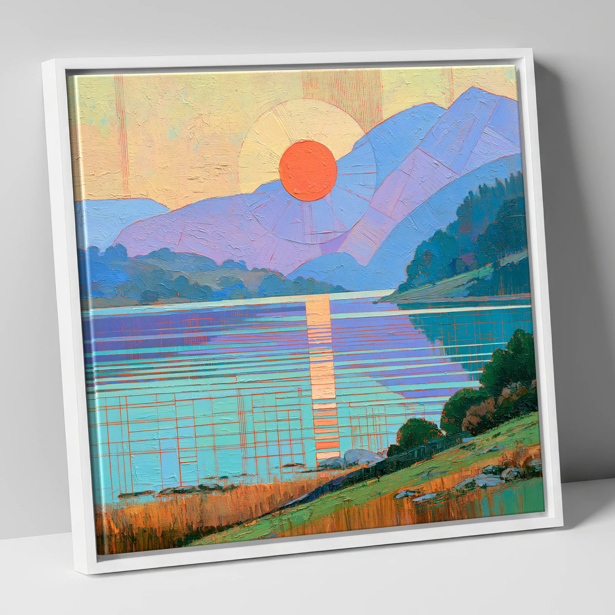 Geometric Lakeland Sunset Over Water lake district lake canvas wall art in white frame