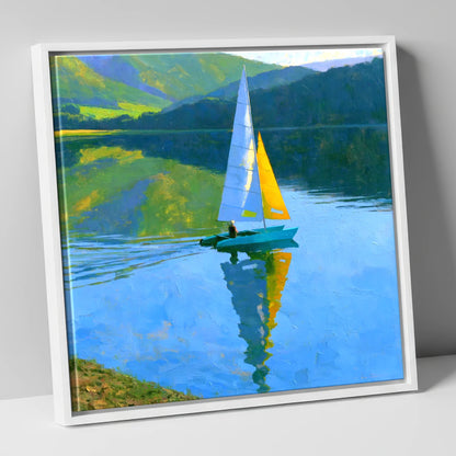 Vivid Sails on a Breezy Lake lake district walking canvas wall art in white frame