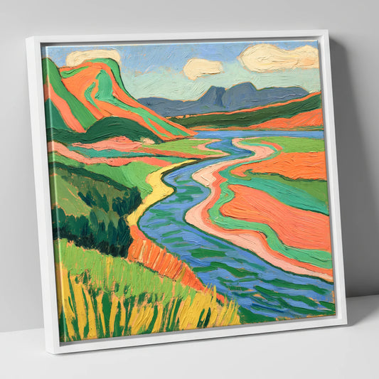 Bold Winding River and Fells lake district waterfall canvas wall art in white frame