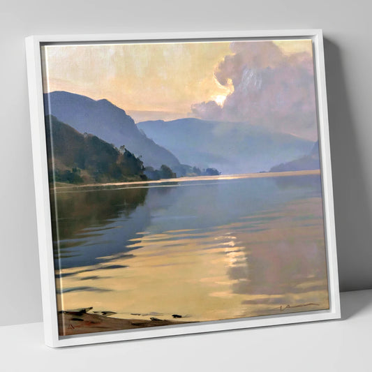 Still Lake at Golden Dawn lake district lake canvas wall art in white frame