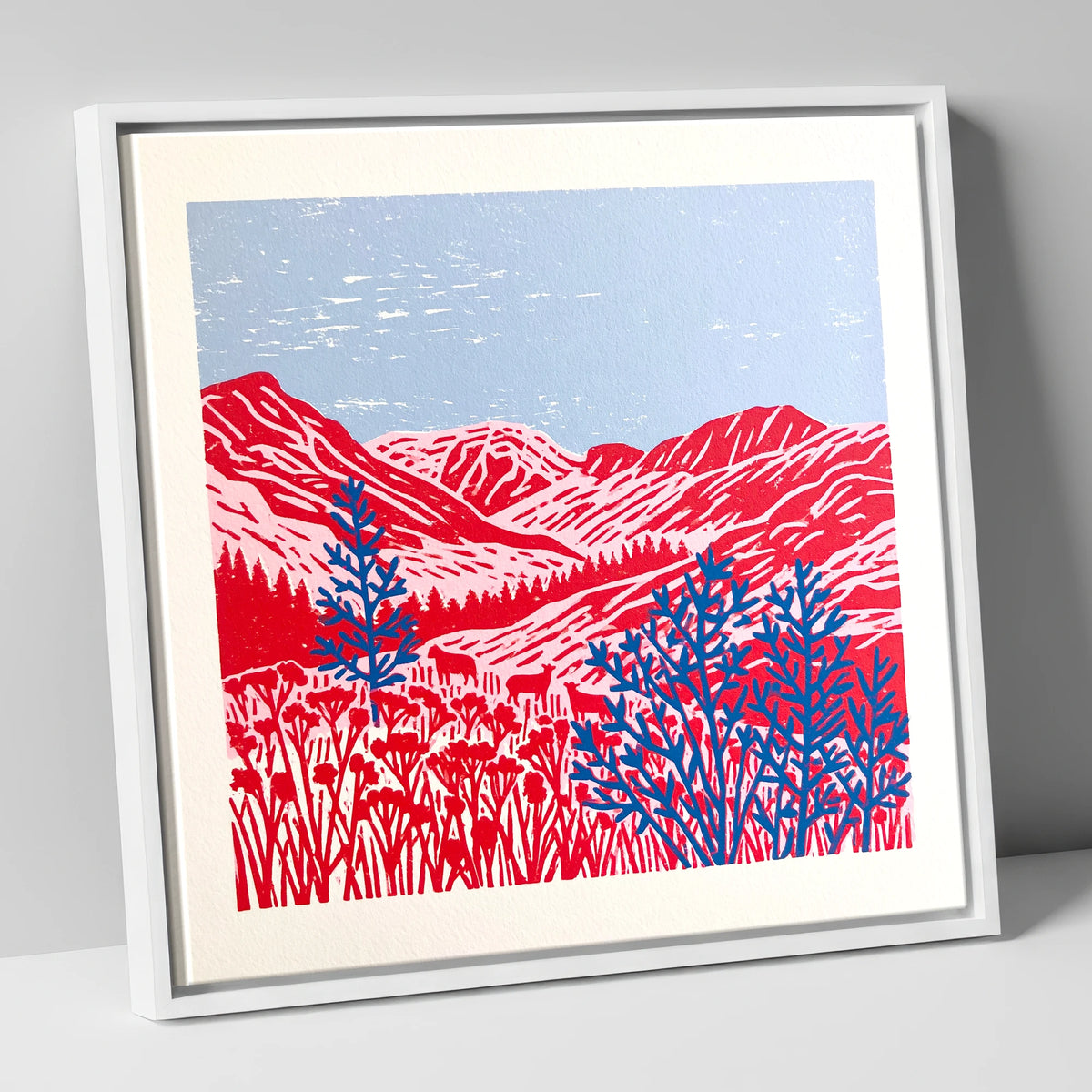 Vibrant Red Borrowdale Fells lake district valley canvas wall art in white frame