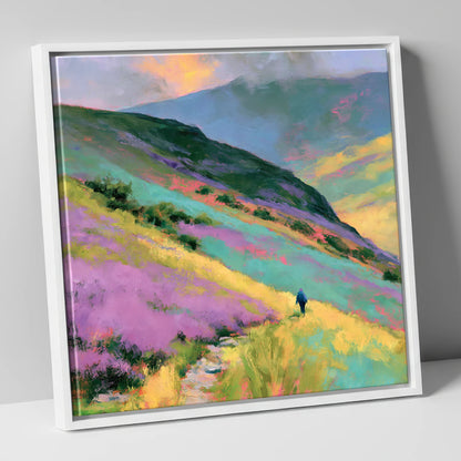 Lone Walker on Vivid Fells lake district walking canvas wall art in white frame