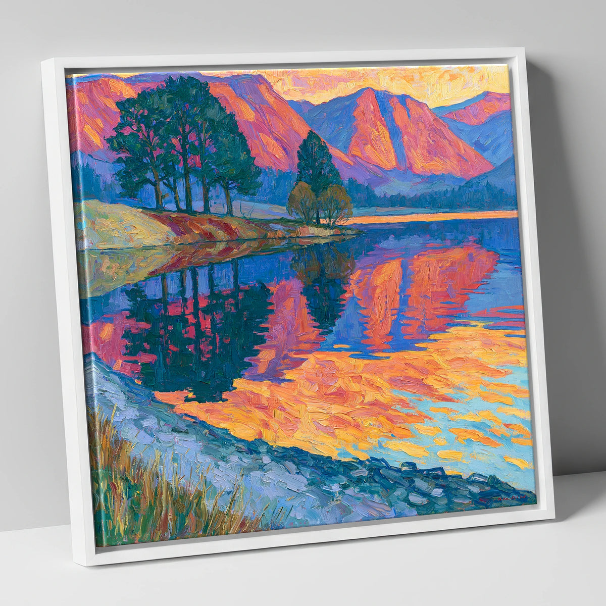 Vivid Dawn Lake Reflection lake district lake canvas wall art in white frame
