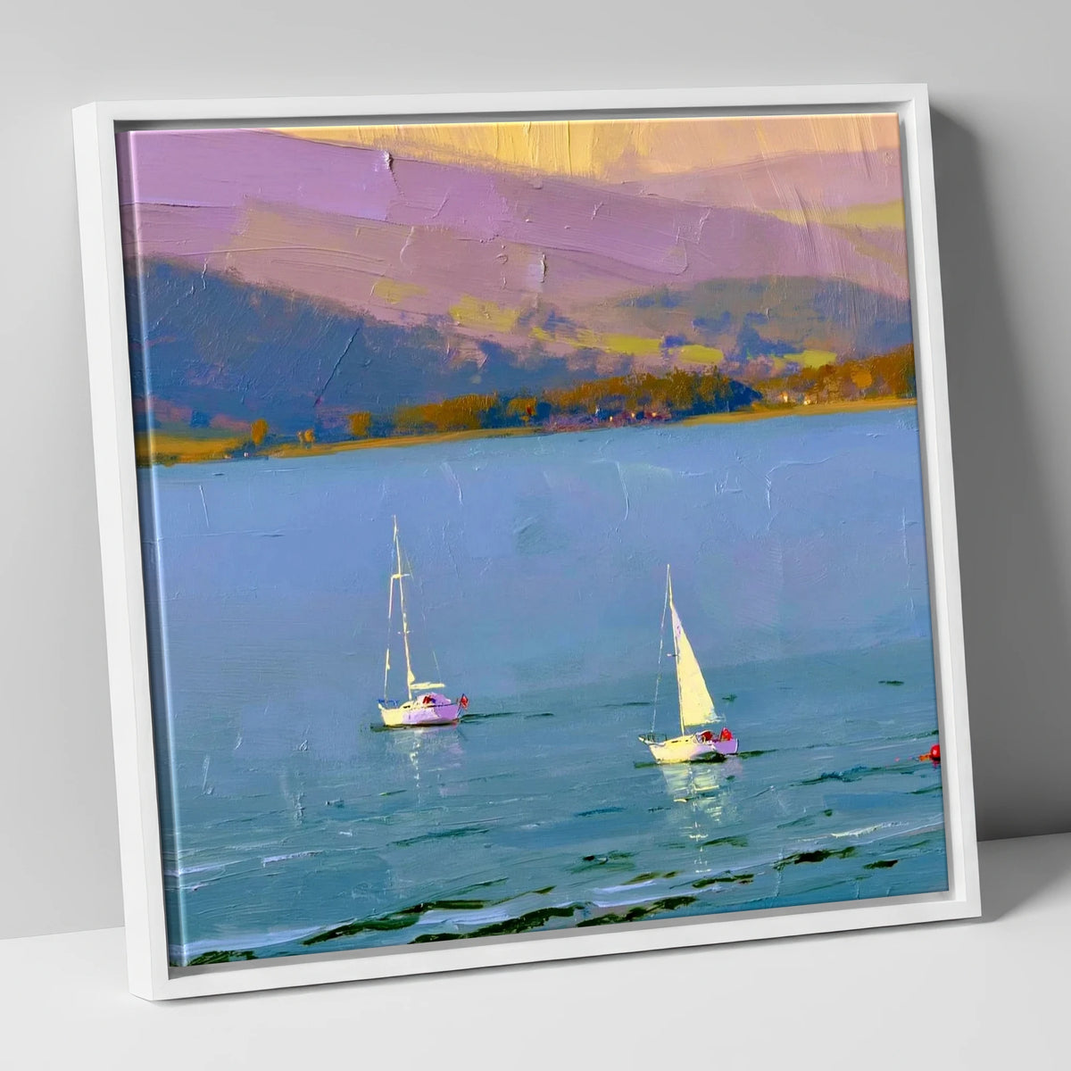 Windermere Sailboats against Lavender Fells lake district lake canvas wall art in white frame