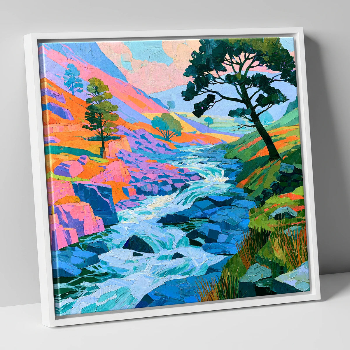 Colourful Rushing Fellside Beck lake district waterfall canvas wall art in white frame