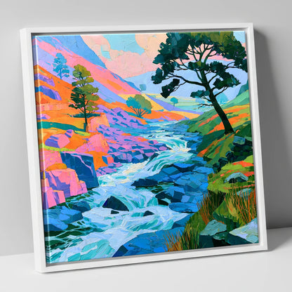 Colourful Rushing Fellside Beck lake district waterfall canvas wall art in white frame