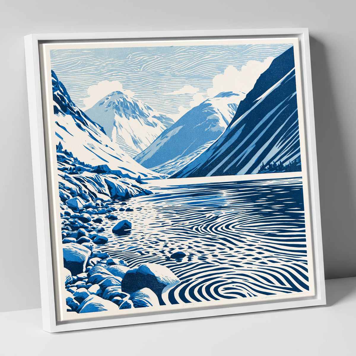 Wastwater Screes in Cobalt Blue lake district lake canvas wall art in white frame