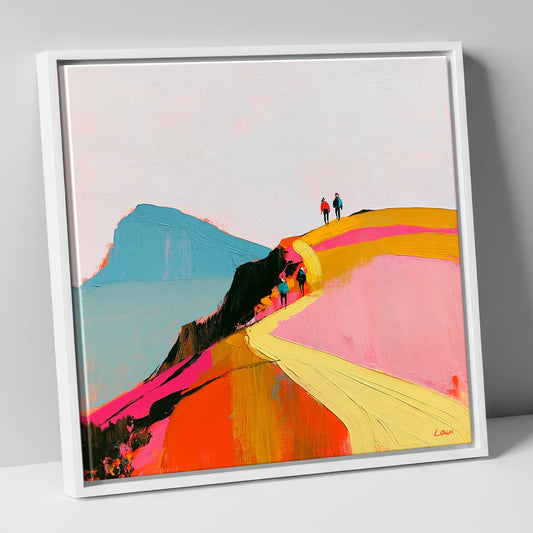 Walkers on a Vibrant Ridge lake district walking canvas wall art in white frame