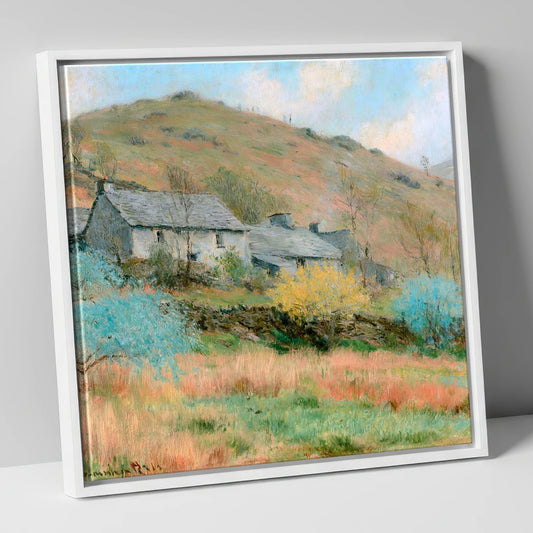 Colourful Fellside Slate Cottages lake district village canvas wall art in white frame