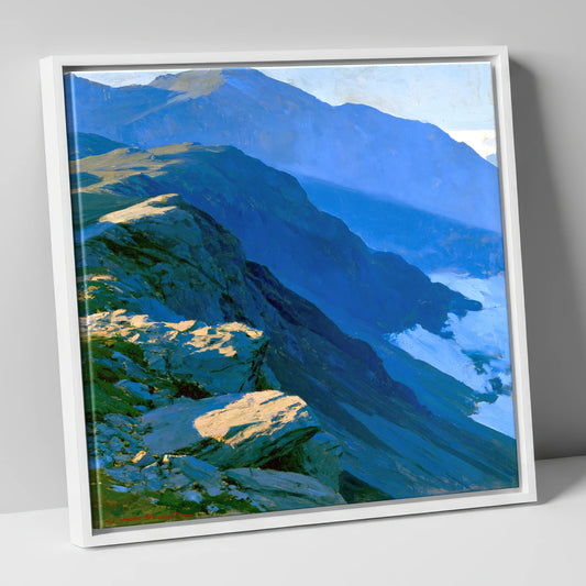 Blue Shadows on Misty Ridge lake district fell canvas wall art in white frame