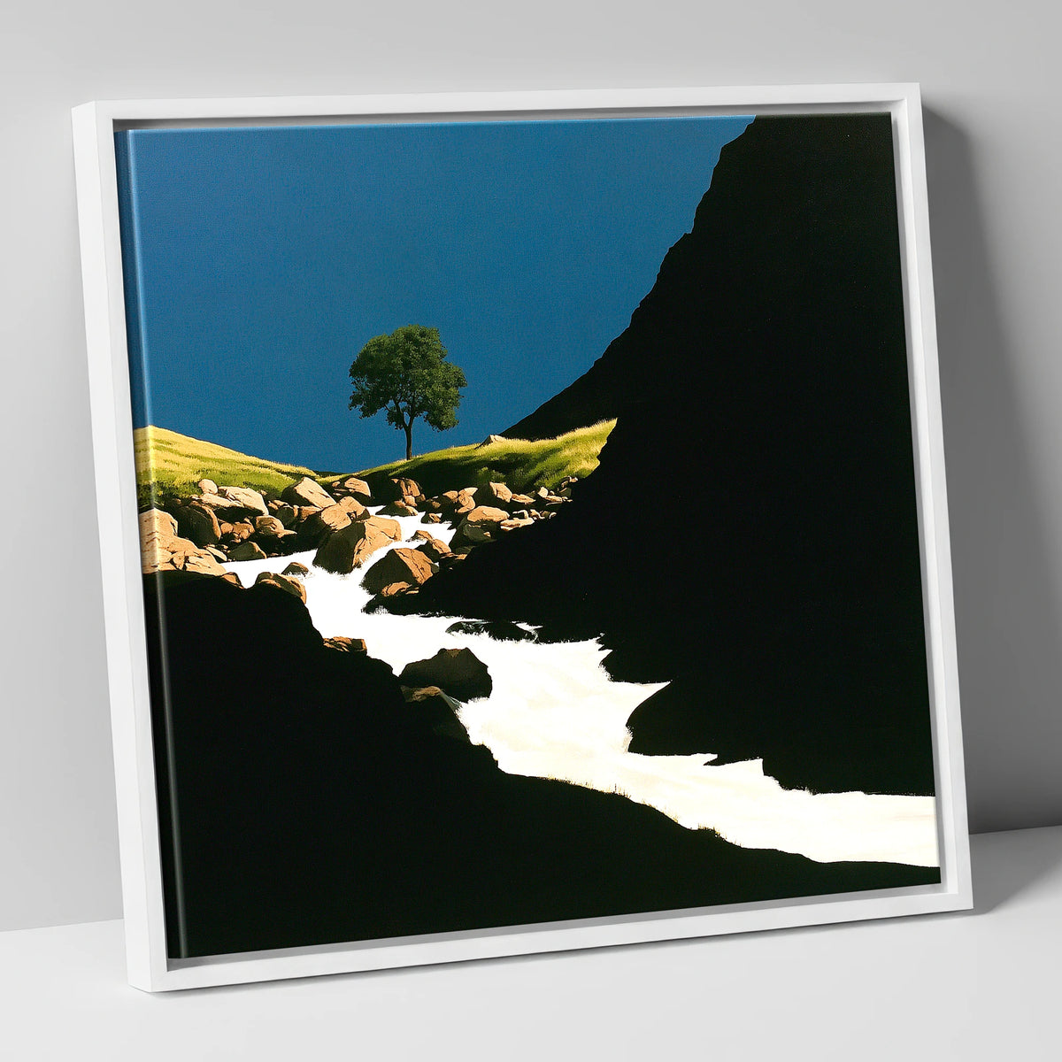 Lone Tree Above Rushing Beck lake district waterfall canvas wall art in white frame