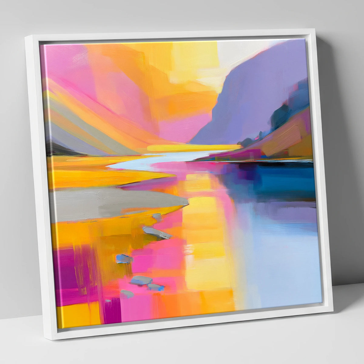 Pink and Gold River Valley lake district waterfall canvas wall art in white frame