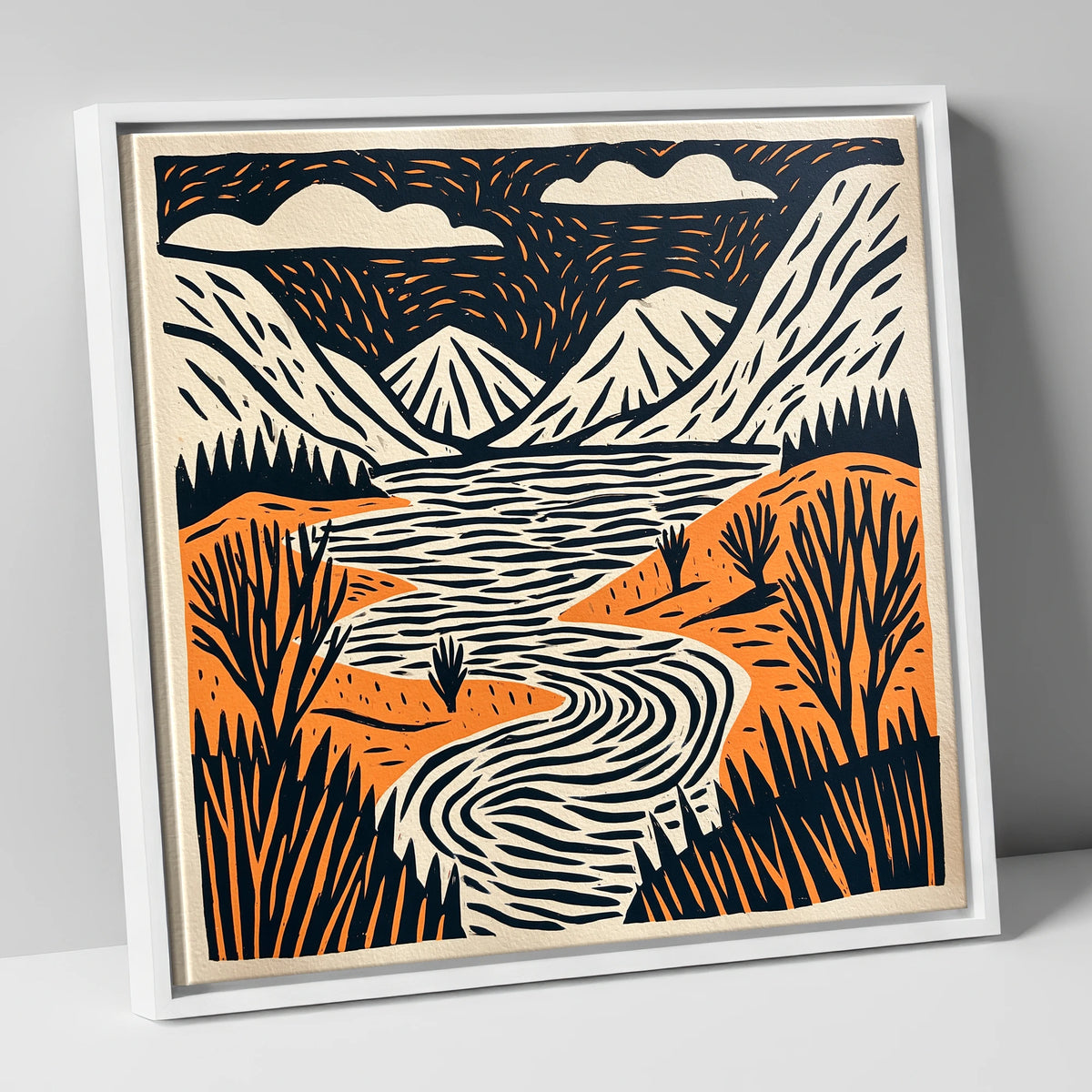 Bold Fells and Winding River lake district lake canvas wall art in white frame