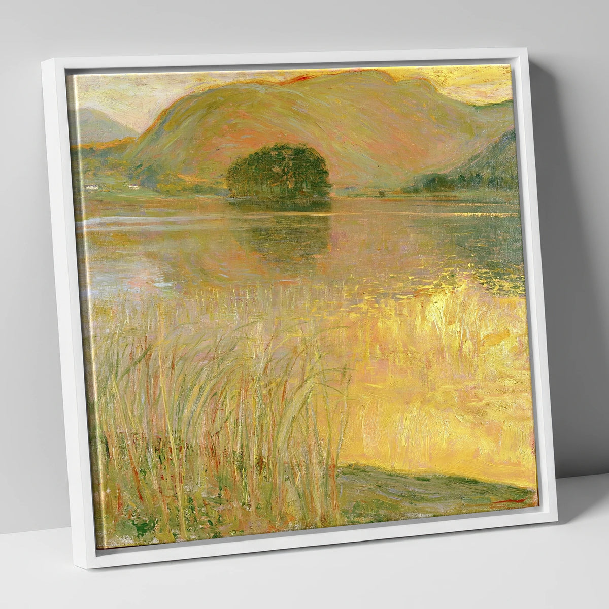 Golden Waters of Grasmere Island lake district lake canvas wall art in white frame