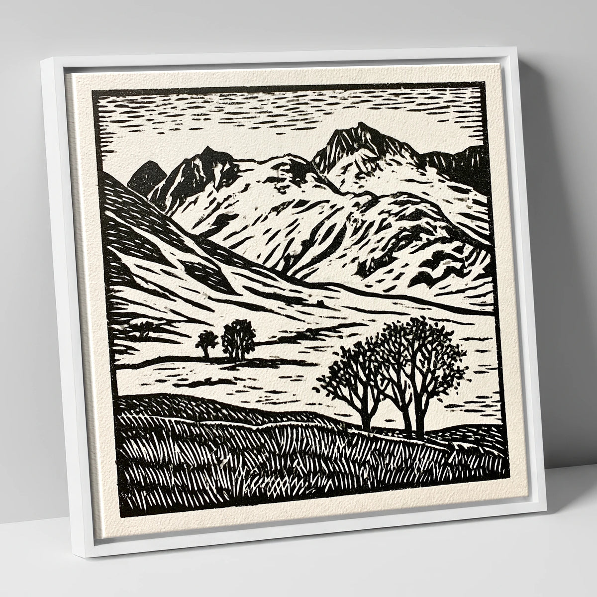 Monochrome Great Langdale Fells lake district valley canvas wall art in white frame