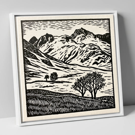 Monochrome Great Langdale Fells lake district valley canvas wall art in white frame