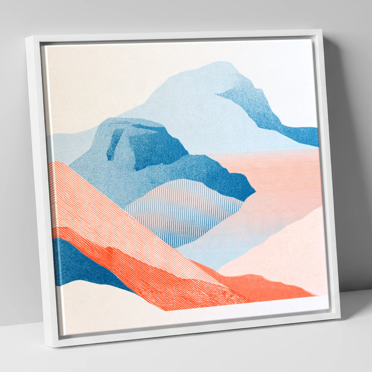 Bowfell in Graphic Coral and Blue lake district fell canvas wall art in white frame