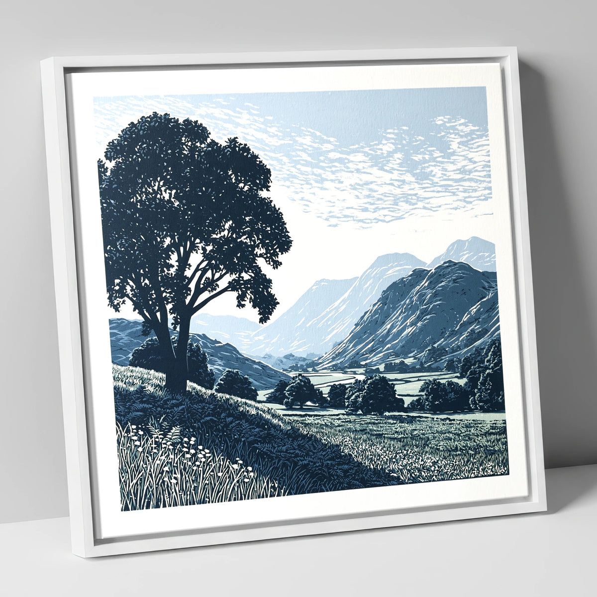 Eskdale Valley in Navy and Slate lake district valley canvas wall art in white frame