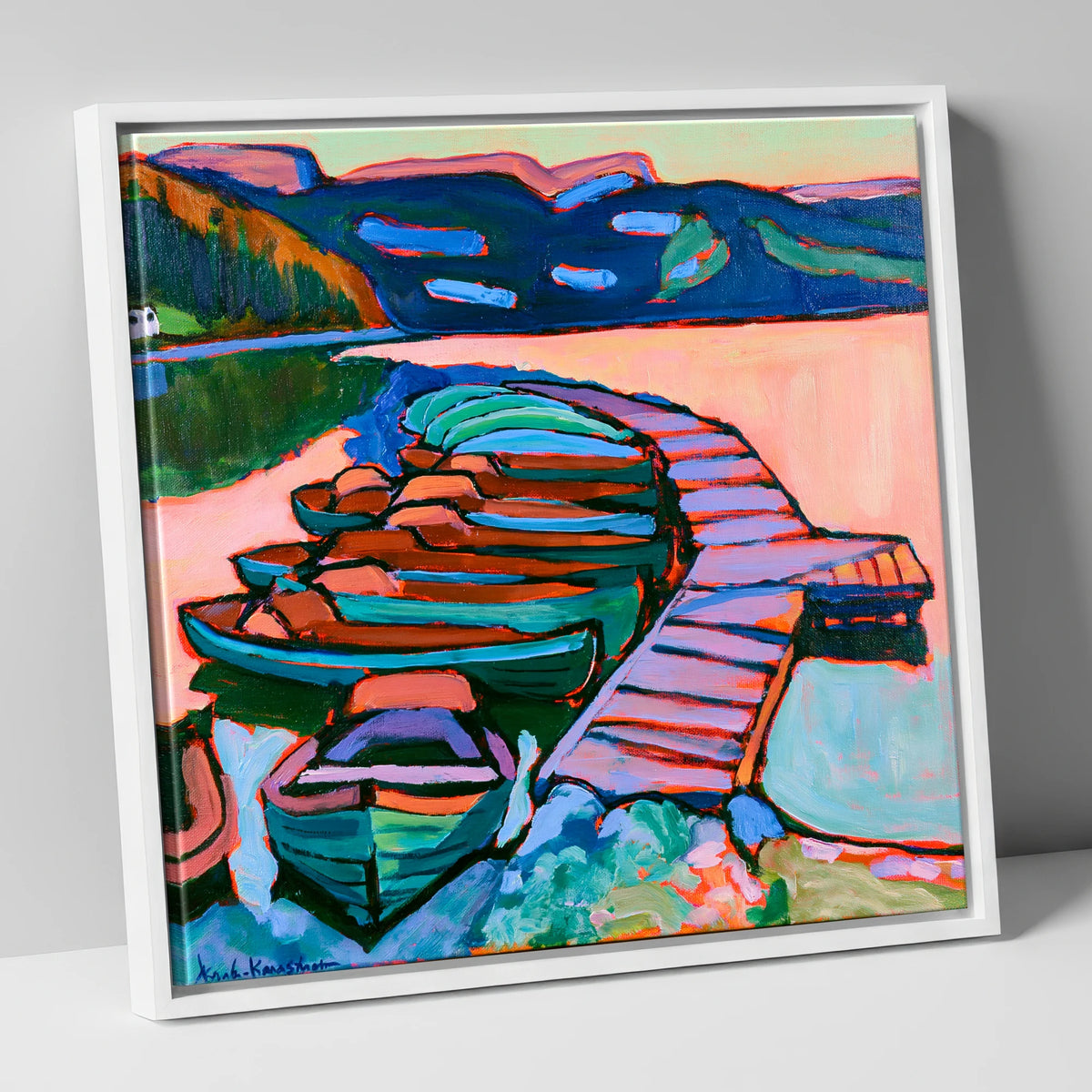Bold Windermere Boats and Jetty lake district lake canvas wall art in white frame