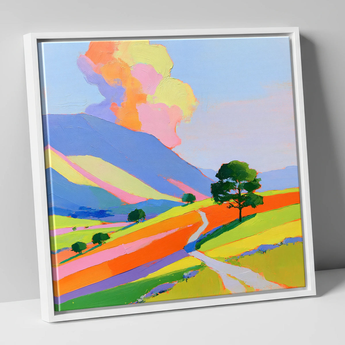 Winding Path Through Colourful Fells lake district fell canvas wall art in white frame