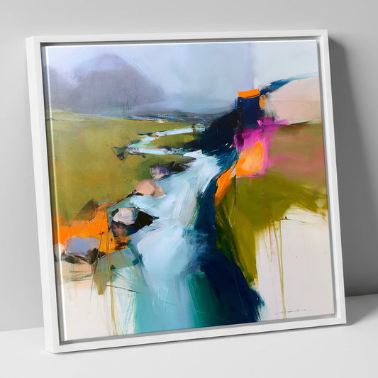 Dynamic Abstract Fellside Beck lake district waterfall canvas wall art in white frame