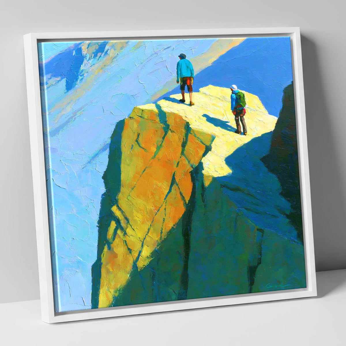Mountaineers on Sunlit High Crags lake district walking canvas wall art in white frame
