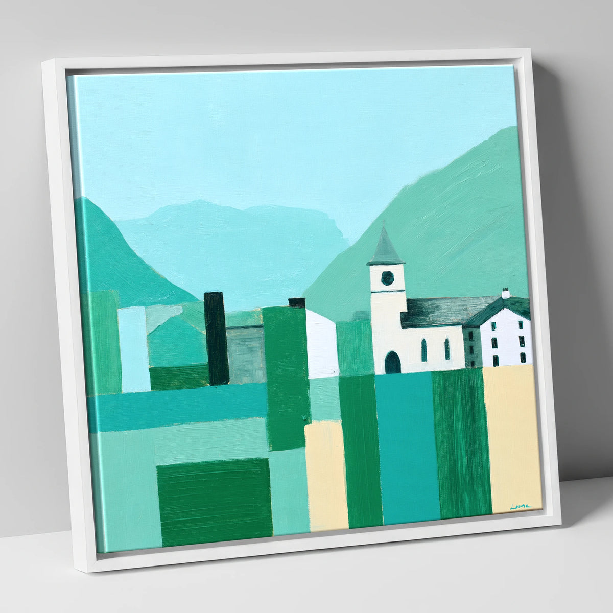 Keswick Townscape in Bold Greens lake district village canvas wall art in white frame