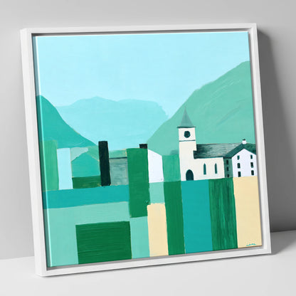 Keswick Townscape in Bold Greens lake district village canvas wall art in white frame