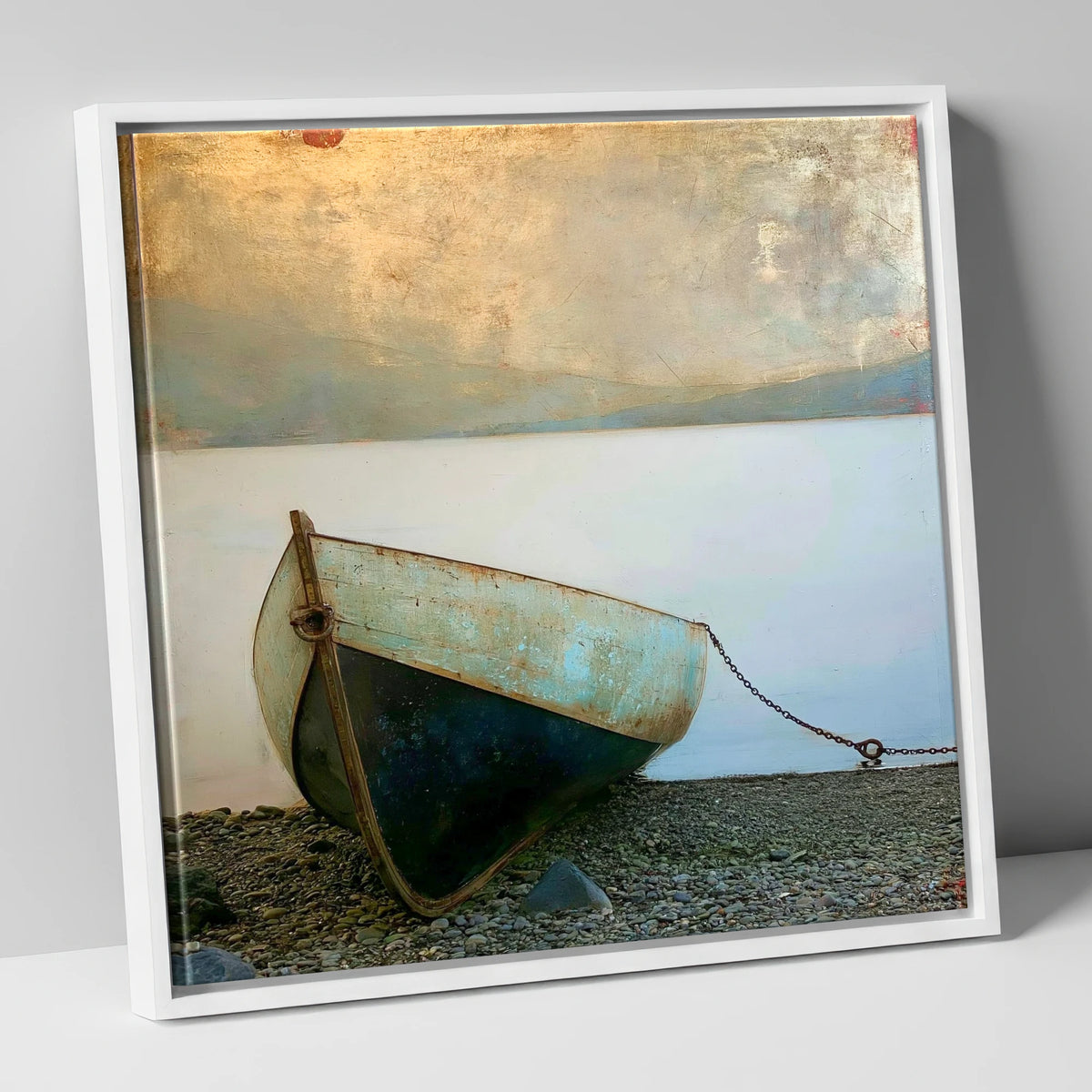 Grounded Teal Boat on Windermere lake district lake canvas wall art in white frame