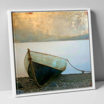 Grounded Teal Boat on Windermere lake district lake canvas wall art in white frame