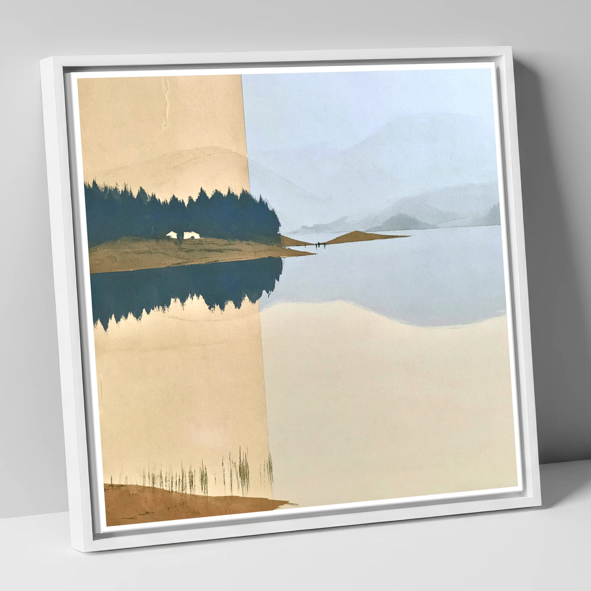 Slate Blue Lake Dawn Reflection lake district lake canvas wall art in white frame