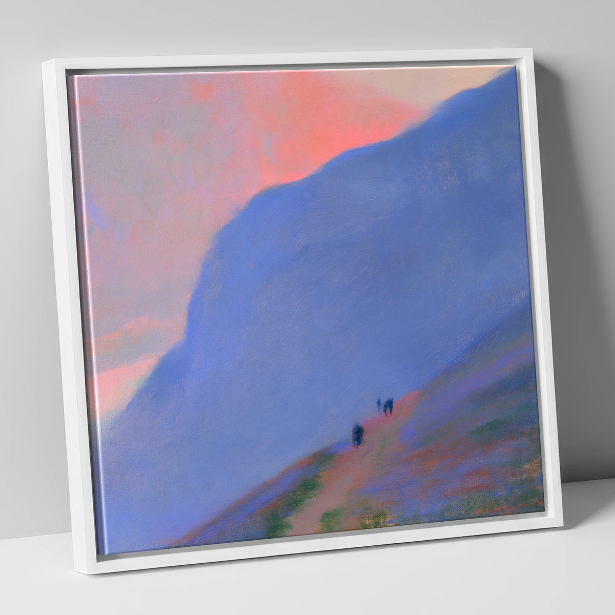 Walkers Ascending the Twilight Fell lake district walking canvas wall art in white frame