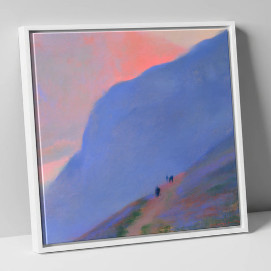 Walkers Ascending the Twilight Fell lake district walking canvas wall art in white frame