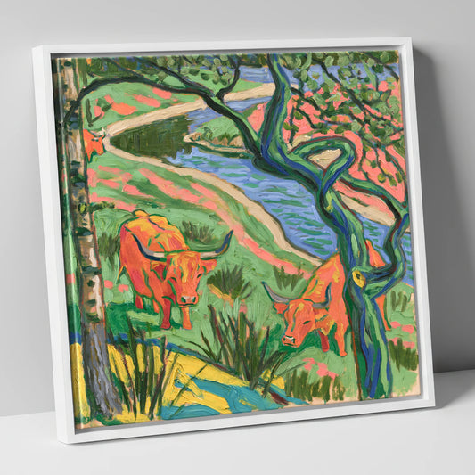 Vibrant Highland Cattle by the Beck lake district wildlife canvas wall art in white frame