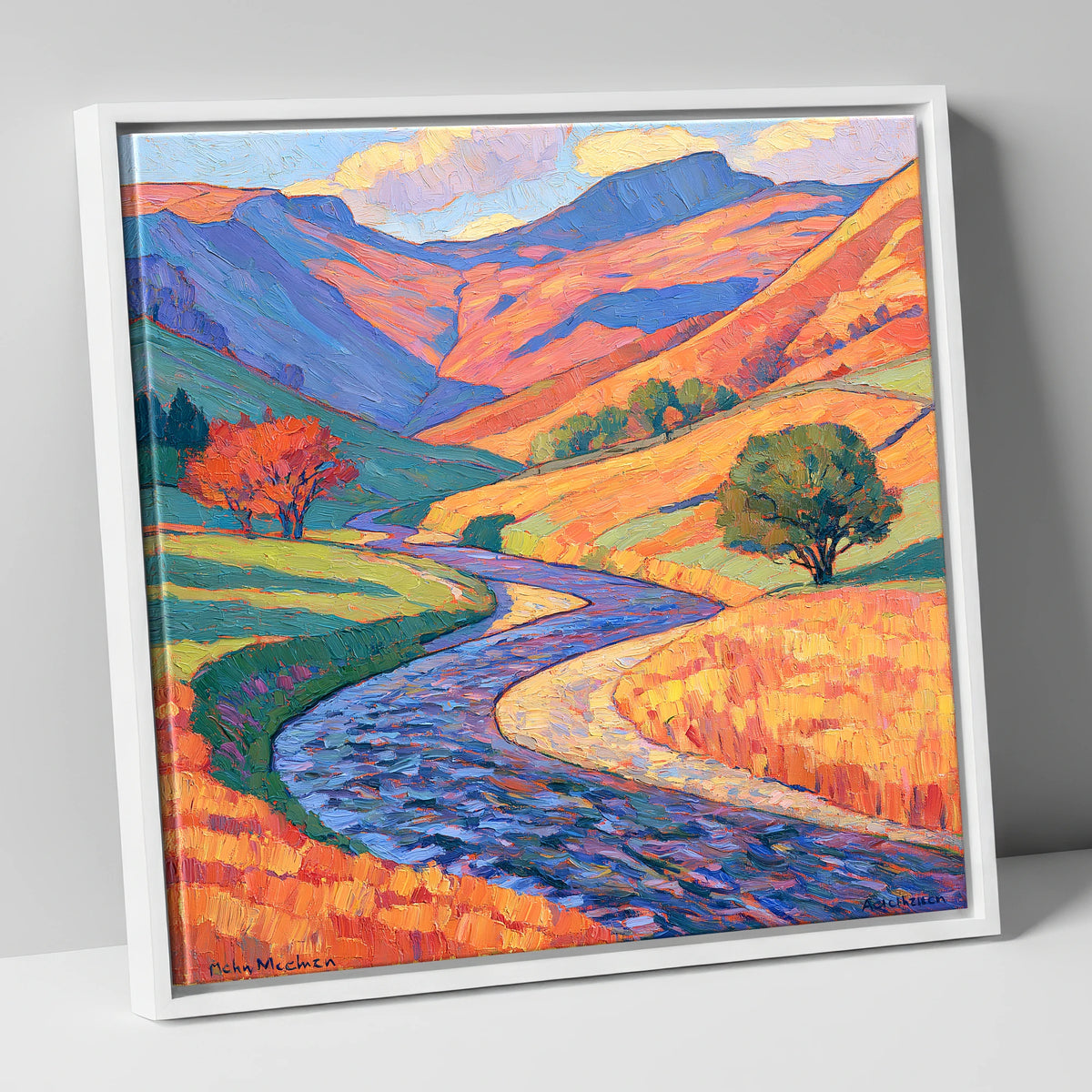 Winding River in Vibrant Valley lake district waterfall canvas wall art in white frame
