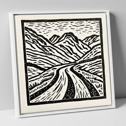 Hardknott Pass in Stark Monochrome lake district valley canvas wall art in white frame