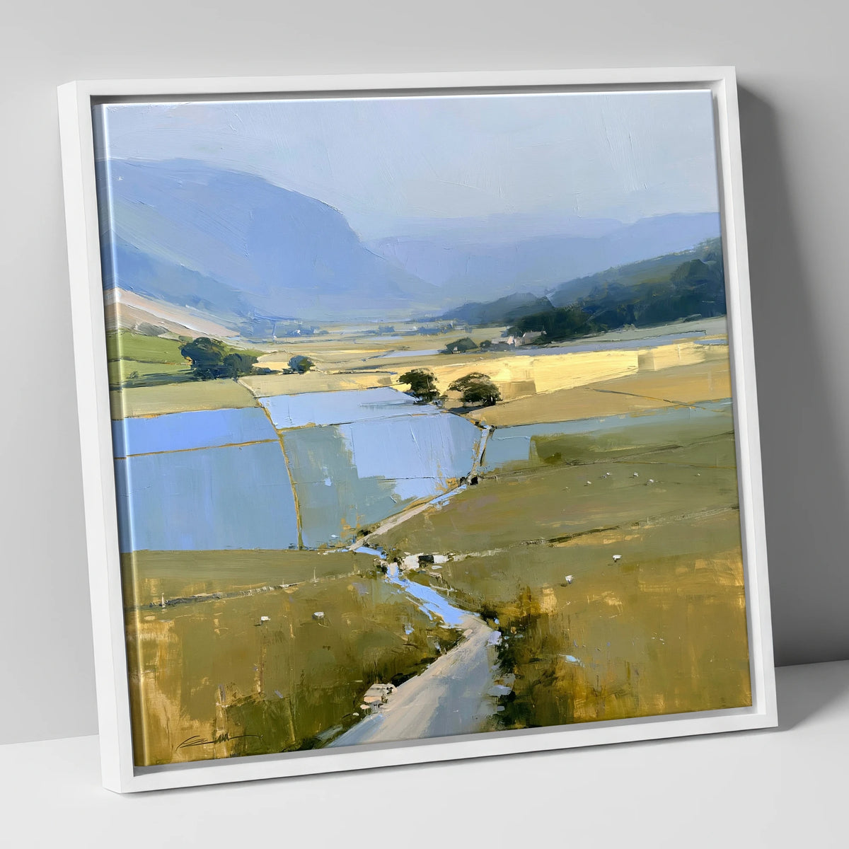Luminous Patchwork Fields in a Dale lake district valley canvas wall art in white frame