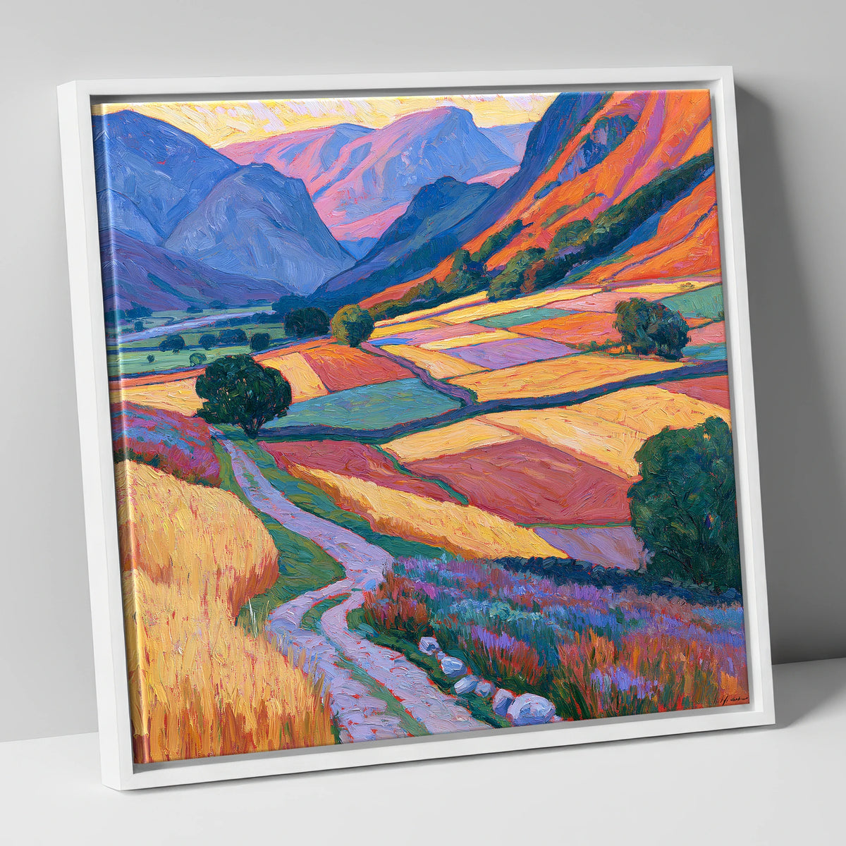 Vivid Patchwork Fields in the Dale lake district valley canvas wall art in white frame