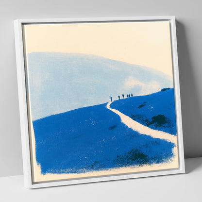 Walkers on a Blue Mountain Path lake district walking canvas wall art in white frame
