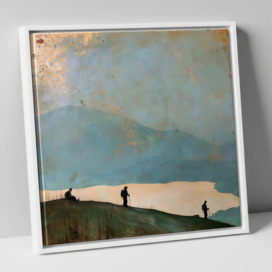 Silhouetted Walkers on Catbells lake district fell canvas wall art in white frame