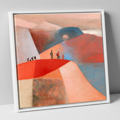 Hikers on a Terracotta Ridge lake district fell canvas wall art in white frame